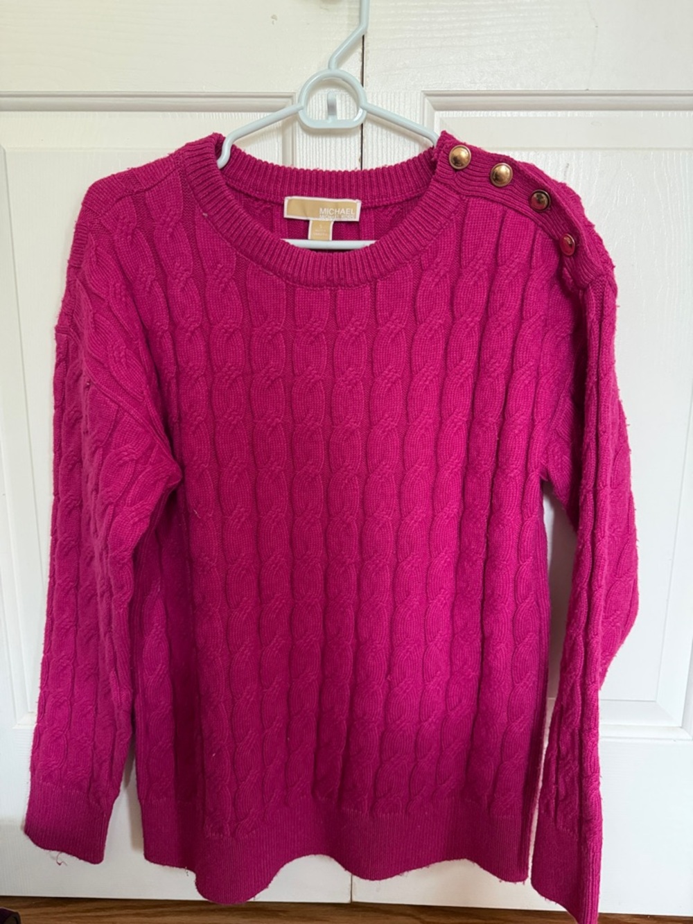 Michael Kors Fuchsia Cable-Knit Crewneck Sweater with Shoulder Buttons